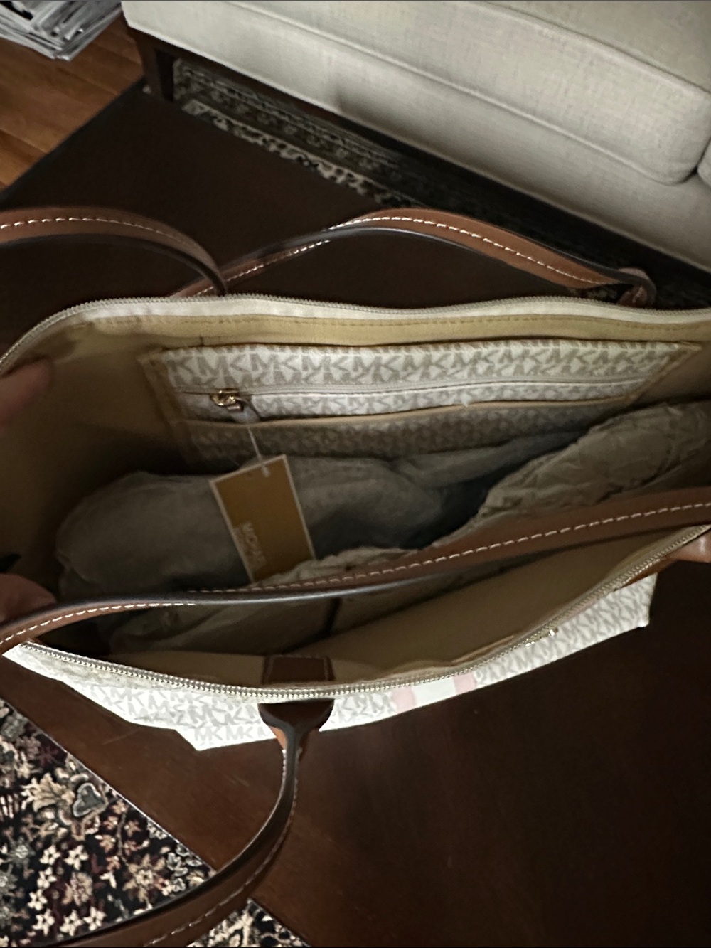 Michael Kors Cream and Pink Stripe Logo Tote - Picture 7 of 8